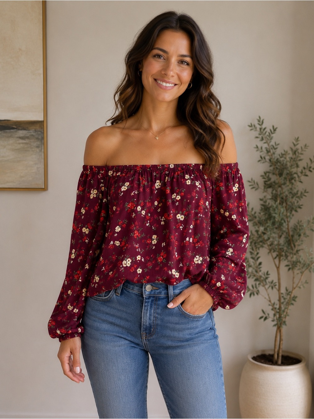 Hollister Plum Floral Off-Shoulder Blouse
